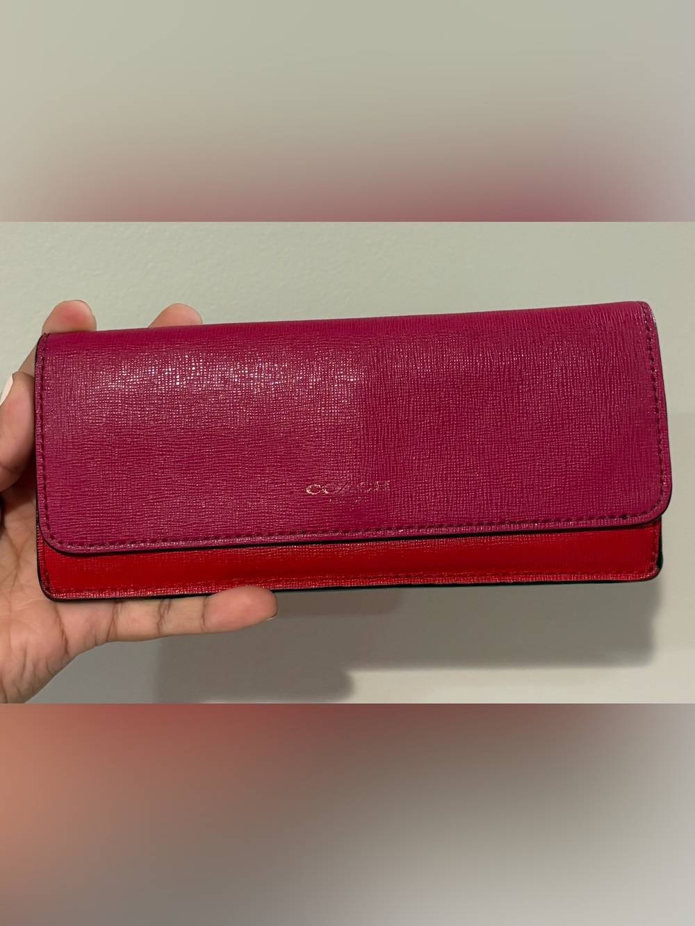 Coach Two Tone Pink And Red Saffiano Leather Slim Wallet